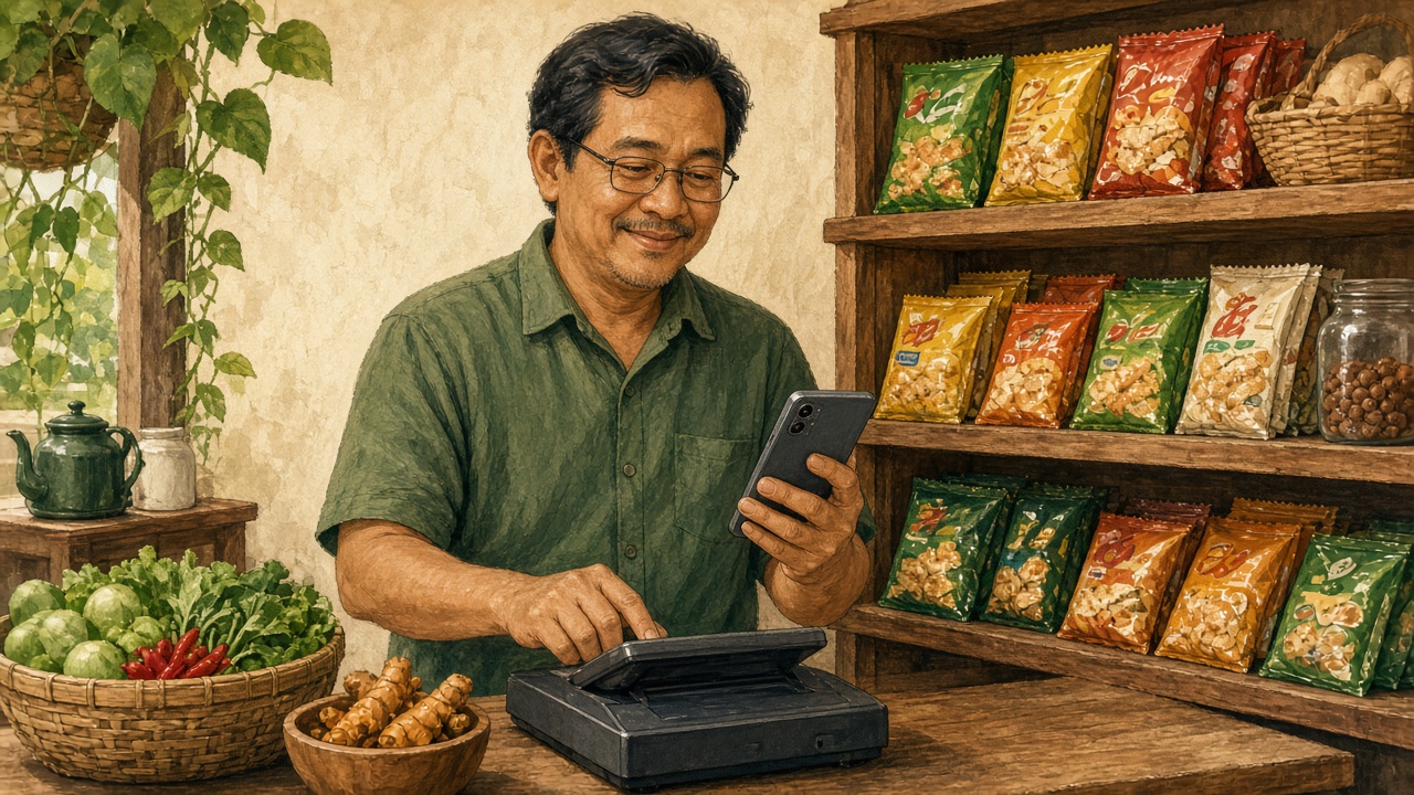 Pemilik warung memakai HP Android sebagai kasir di etalase toko kelontong