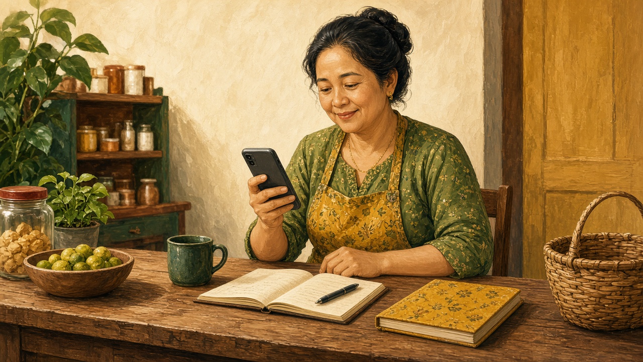 Pemilik warung mengecek omzet harian di smartphone di meja kasir kayu