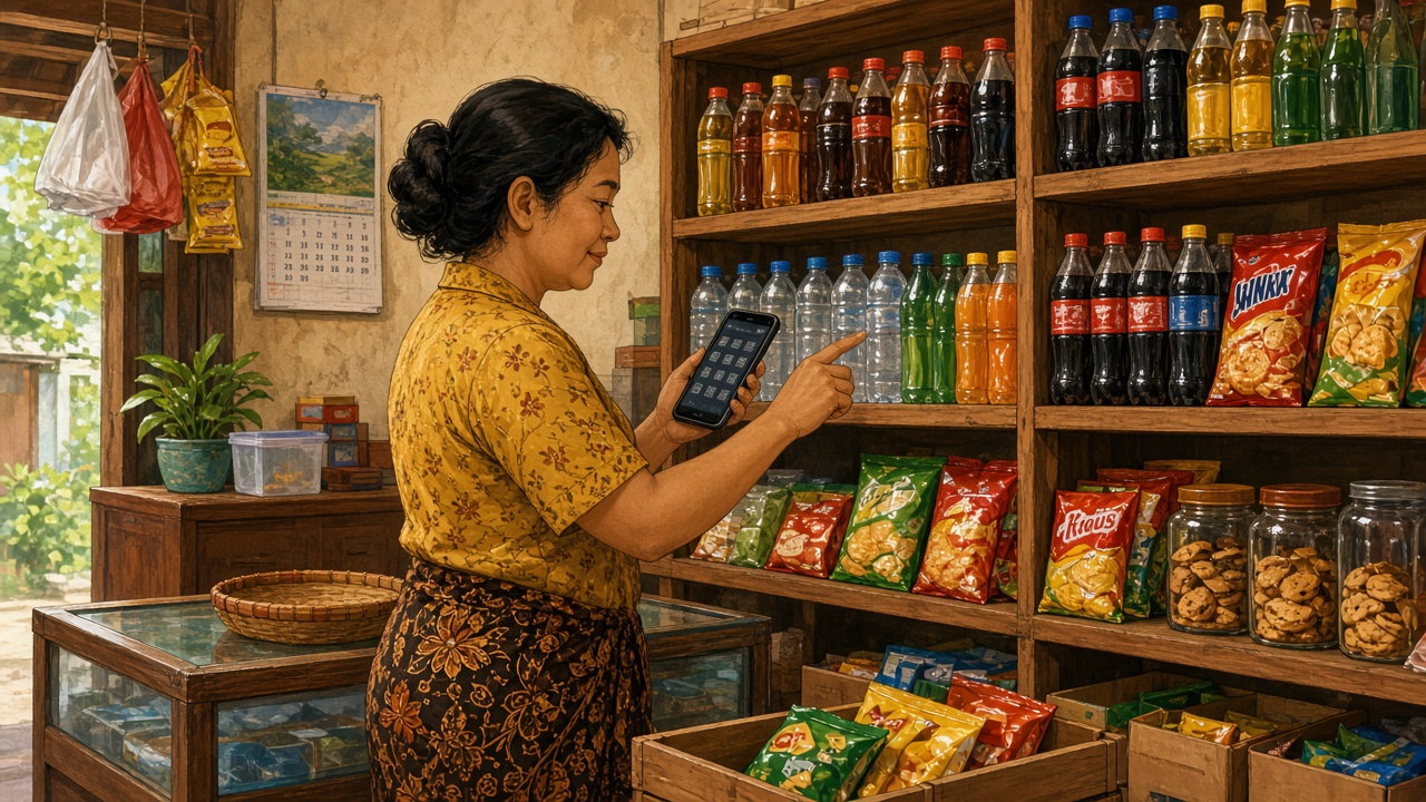 Pemilik toko menghitung stok minuman di rak sambil melihat catatan di HP