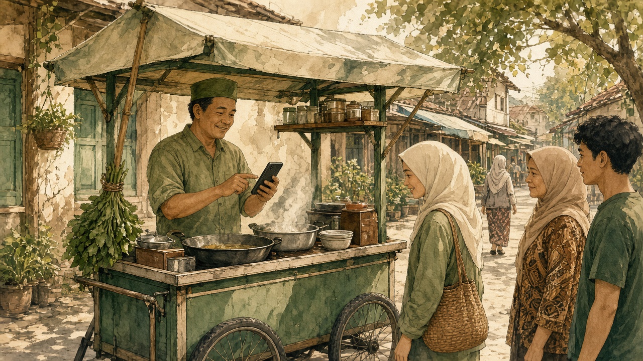 Pedagang kaki lima memakai smartphone untuk mencatat pesanan di gerobak