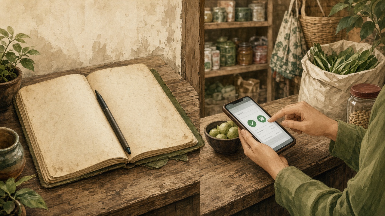 Perbandingan buku nota kertas dengan kasir smartphone di meja warung