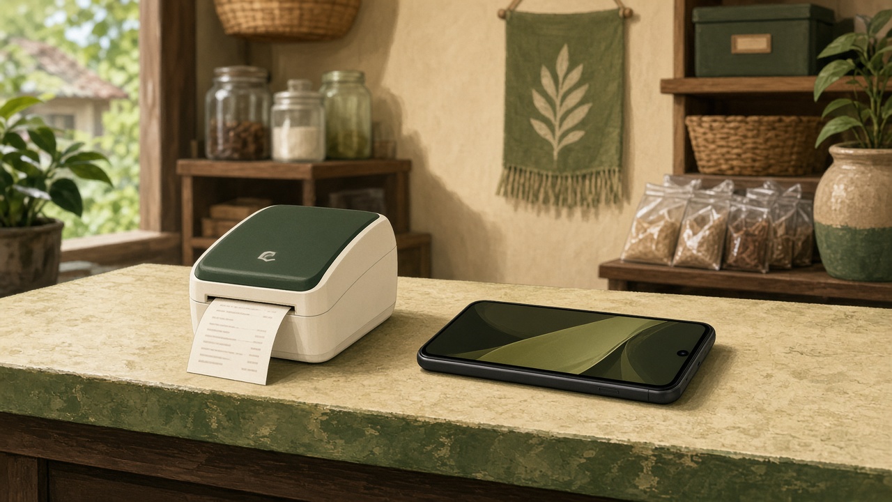 Printer struk Bluetooth di samping HP Android di meja kasir warung