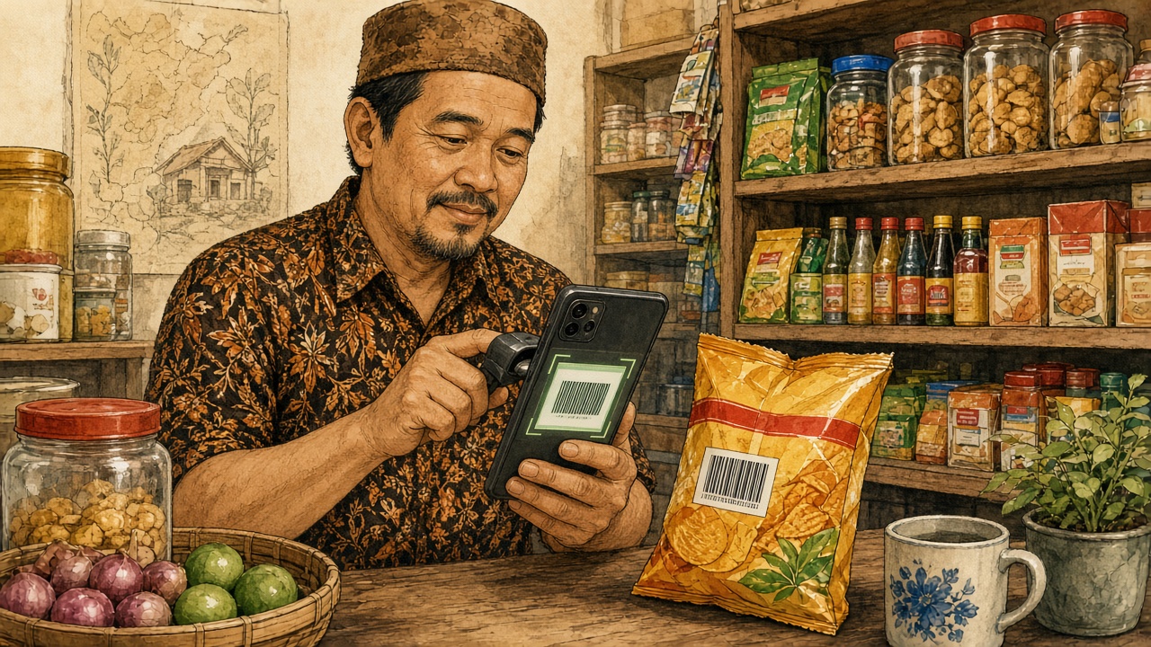 Kasir warung memindai barcode camilan dengan kamera smartphone