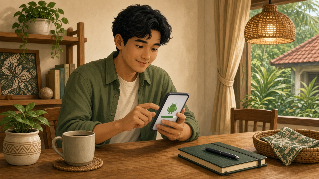 Orang memasang berkas APK kasir di smartphone Android