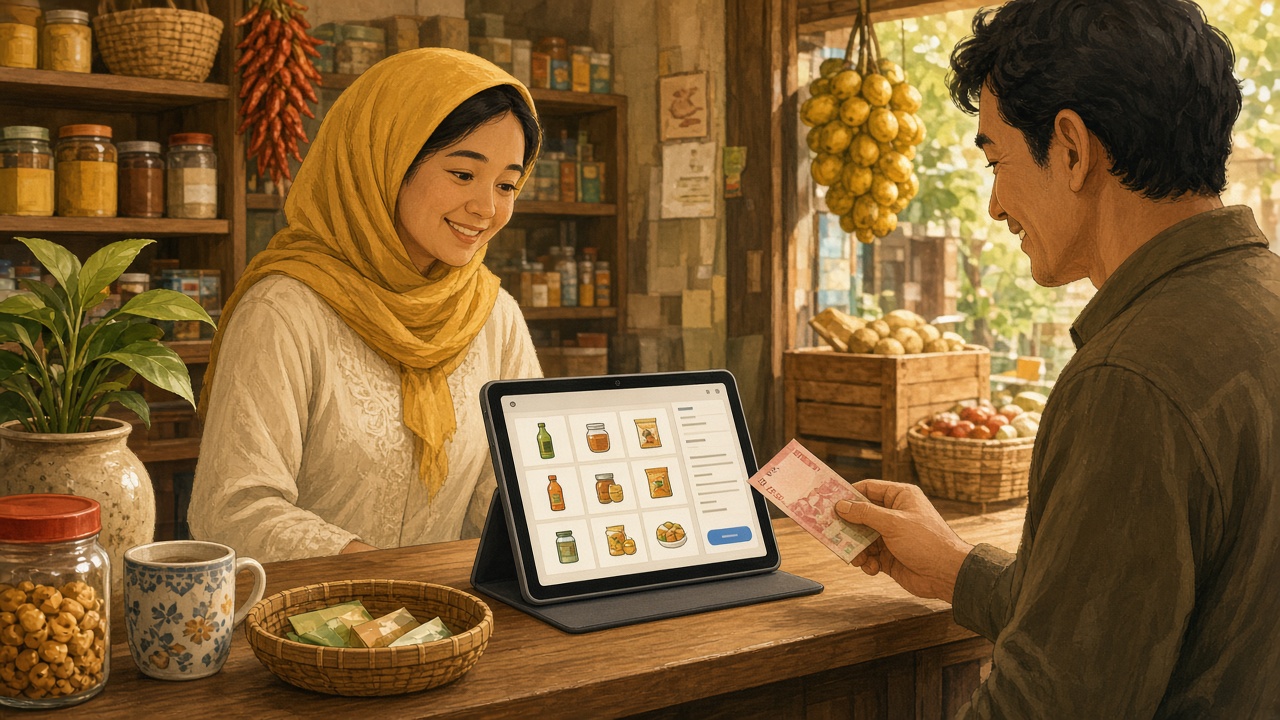 Tablet Android dipakai sebagai kasir di toko kelontong kecil