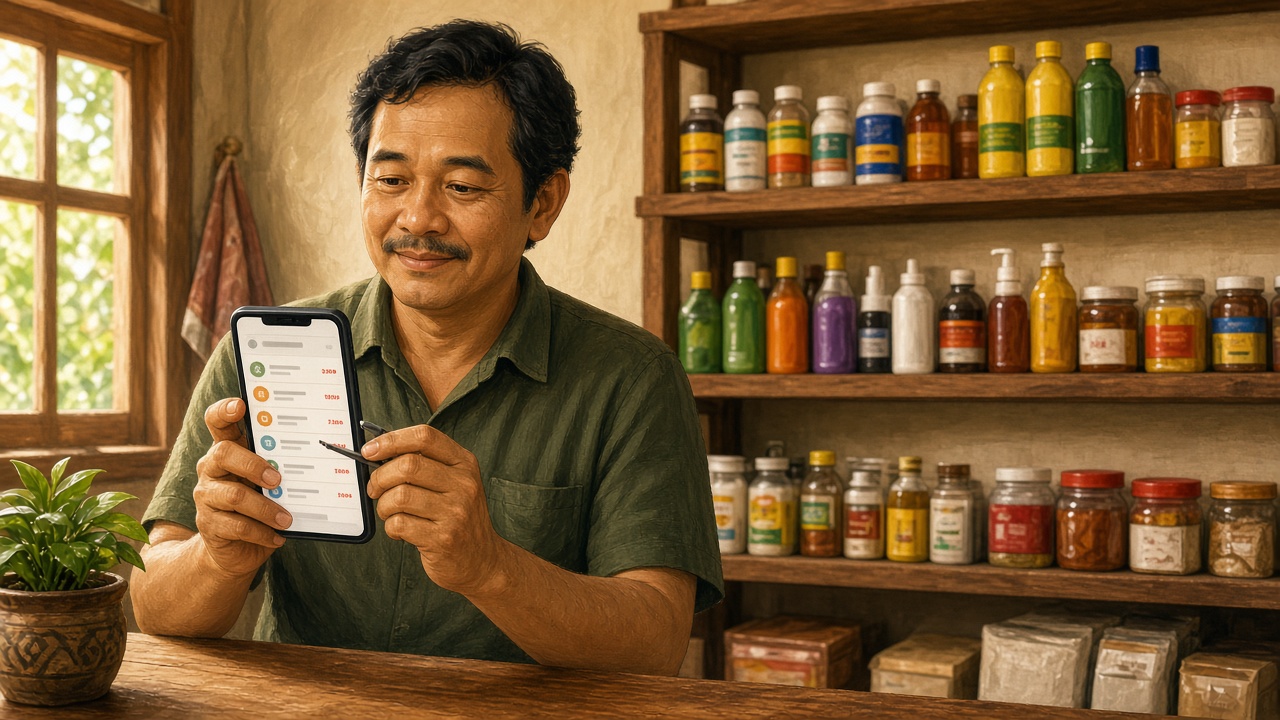 Pemilik warung menambahkan daftar produk dan harga di aplikasi kasir HP