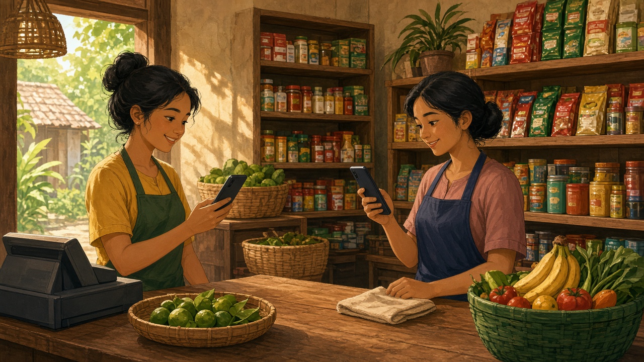 Dua petugas warung bergantian memakai satu HP kasir