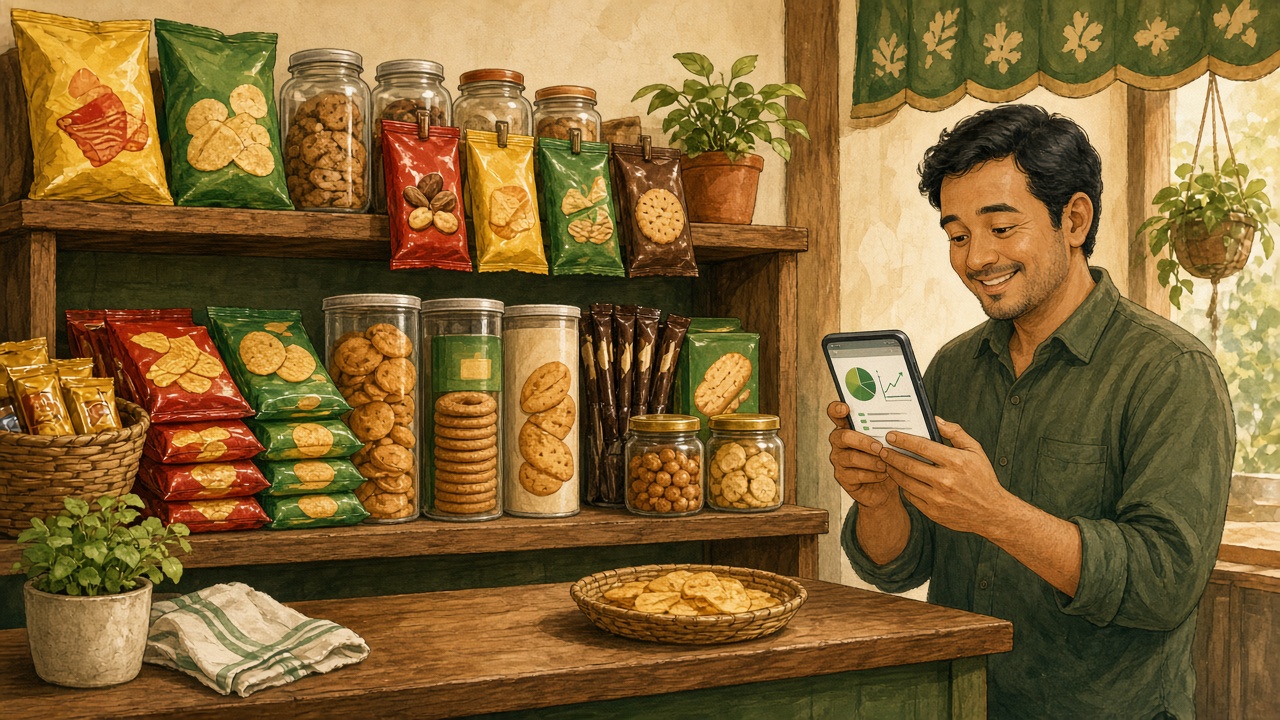 Rak camilan warung dan pemilik toko melihat produk terlaris di HP
