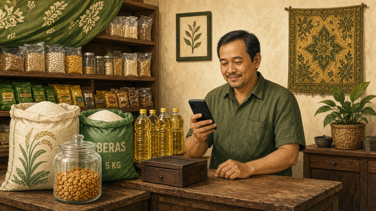 Toko sembako dengan karung beras dan kasir di smartphone