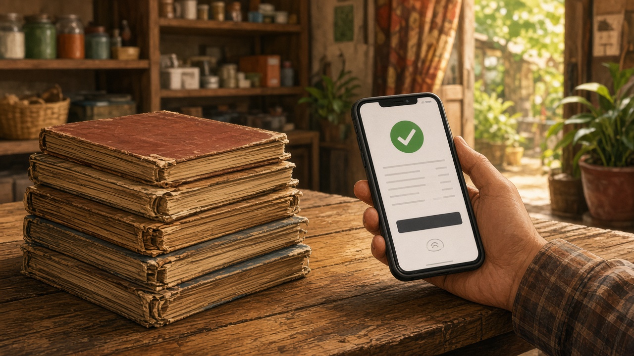 Tumpukan buku nota kertas digantikan kasir di smartphone di meja warung