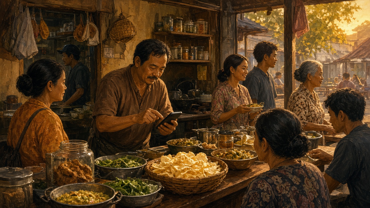 Warung ramai di jam sibuk dengan kasir memakai HP