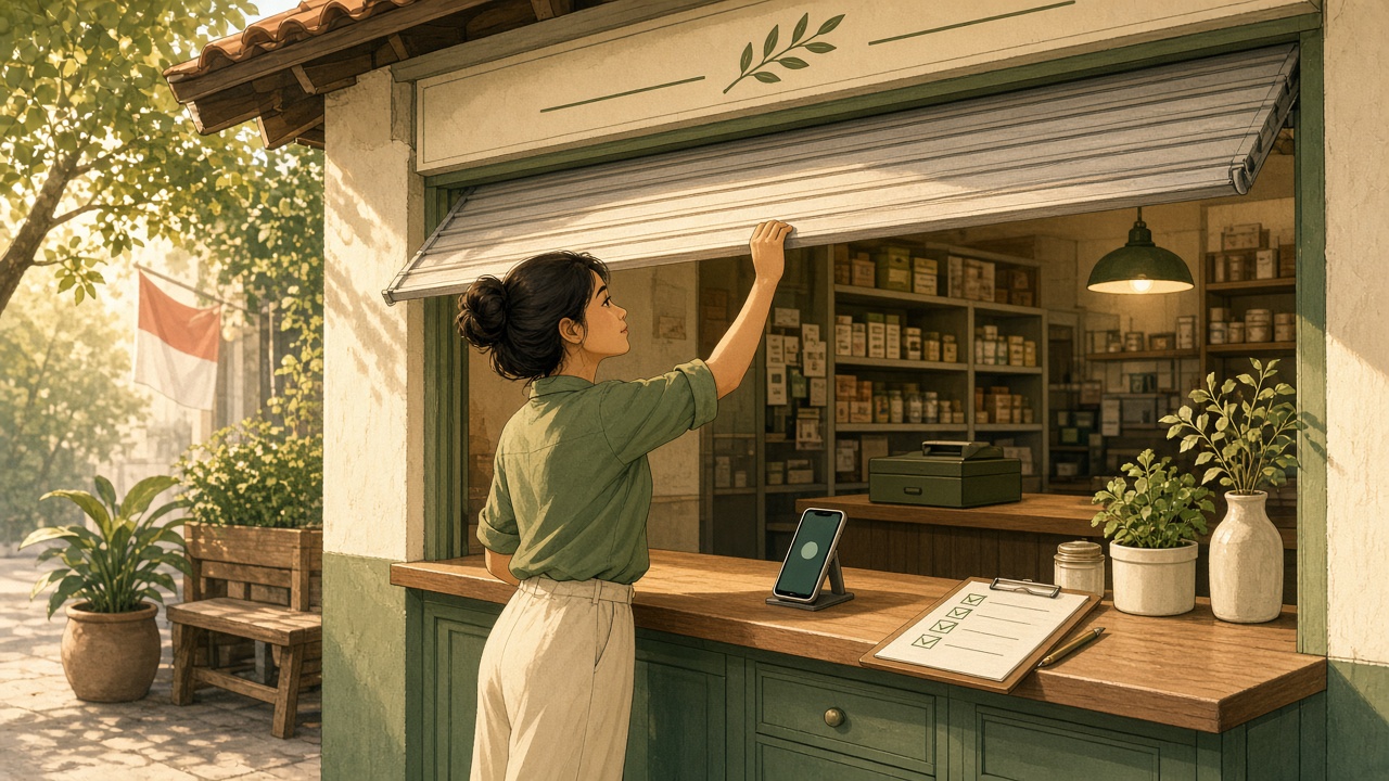Membuka warung pagi hari dan menyiapkan HP sebagai kasir di meja